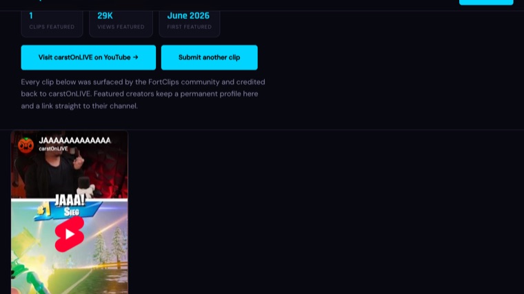 A FortClips creator profile with a 'Visit on YouTube' channel link button.